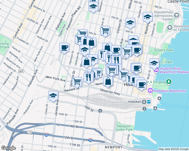 map of restaurants, bars, coffee shops, grocery stores, and more near 413a 1st Street in Hoboken