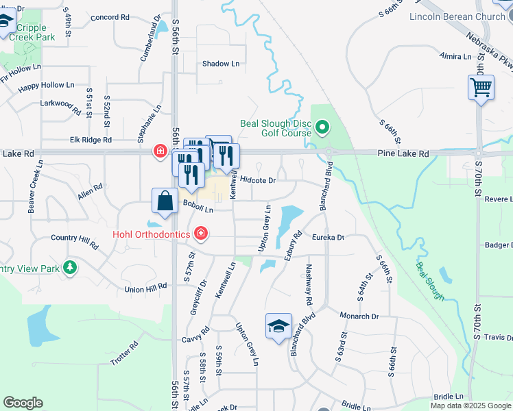 map of restaurants, bars, coffee shops, grocery stores, and more near 6019 Chartwell Lane in Lincoln