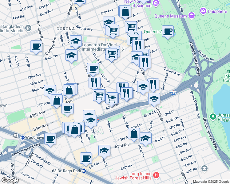 map of restaurants, bars, coffee shops, grocery stores, and more near 57-39 Xenia Street in Queens