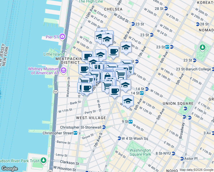 map of restaurants, bars, coffee shops, grocery stores, and more near 1 Jane Street in New York