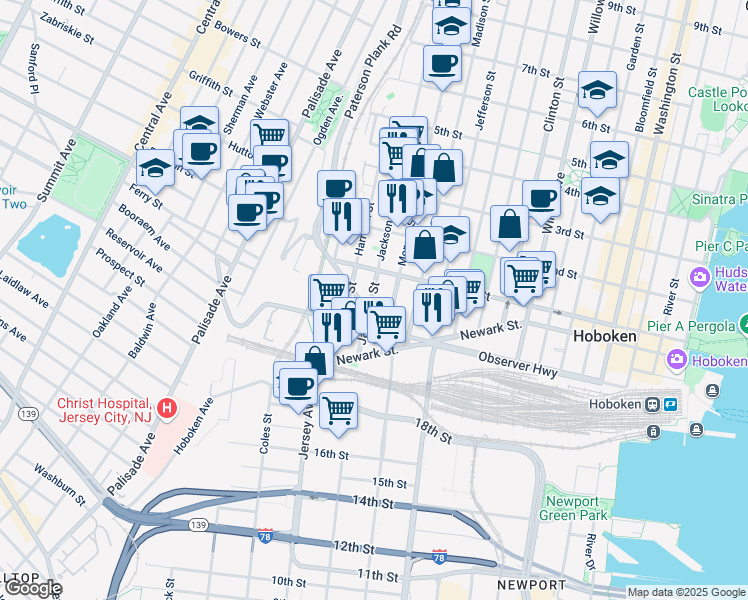 map of restaurants, bars, coffee shops, grocery stores, and more near 80 Jackson Street in Hoboken