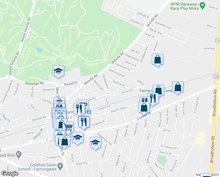 map of restaurants, bars, coffee shops, grocery stores, and more near 81 Oakdale Boulevard in Farmingdale