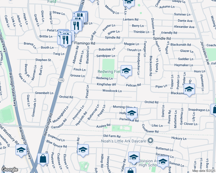 map of restaurants, bars, coffee shops, grocery stores, and more near 103 Kingfisher Road in Levittown