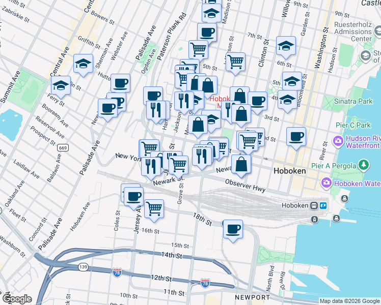 map of restaurants, bars, coffee shops, grocery stores, and more near 83 Monroe Street in Hoboken