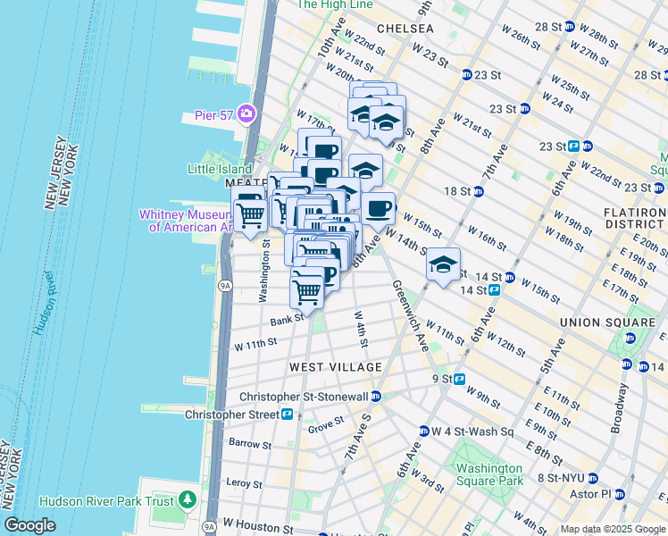 map of restaurants, bars, coffee shops, grocery stores, and more near 45 Jane Street in New York