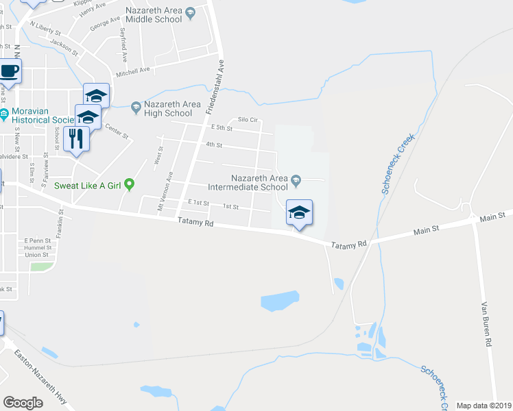 map of restaurants, bars, coffee shops, grocery stores, and more near 305 Farmview Road in Nazareth