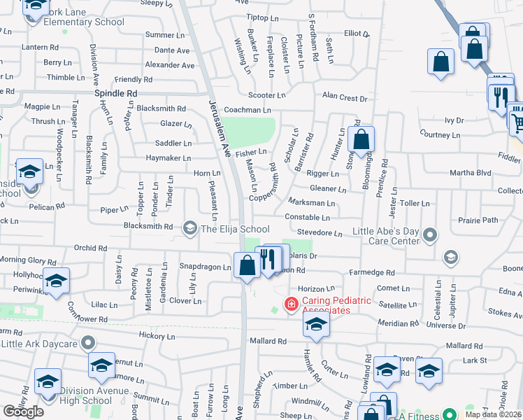 map of restaurants, bars, coffee shops, grocery stores, and more near 5 Tailor Lane in Levittown