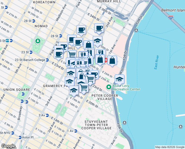 map of restaurants, bars, coffee shops, grocery stores, and more near 334 East 25th Street in New York