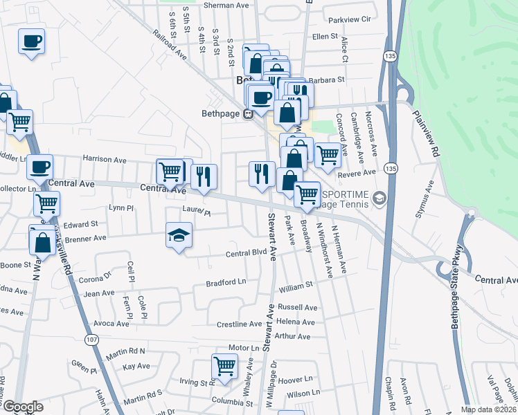 map of restaurants, bars, coffee shops, grocery stores, and more near 1 Totten Street in Bethpage