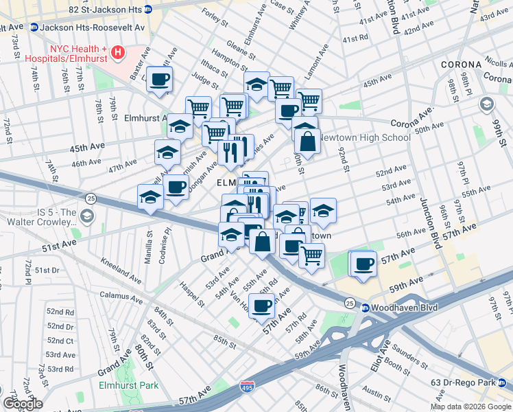 map of restaurants, bars, coffee shops, grocery stores, and more near 8615 Broadway in Queens
