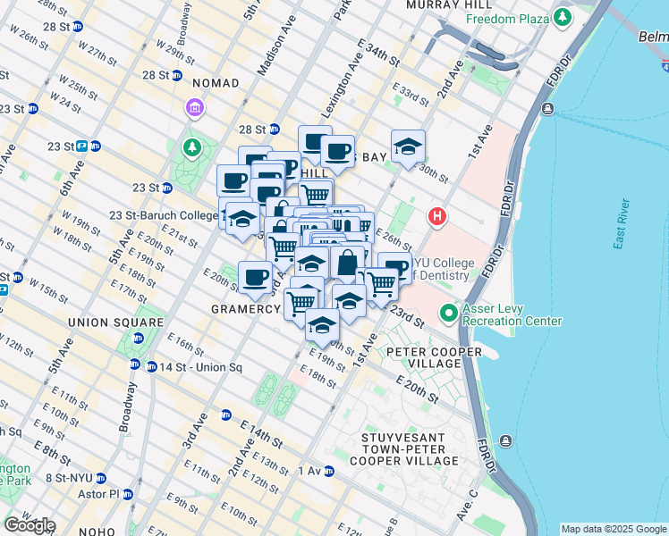 map of restaurants, bars, coffee shops, grocery stores, and more near 401 2nd Avenue in New York