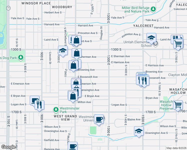 map of restaurants, bars, coffee shops, grocery stores, and more near 1203 Roosevelt Avenue South in Salt Lake City