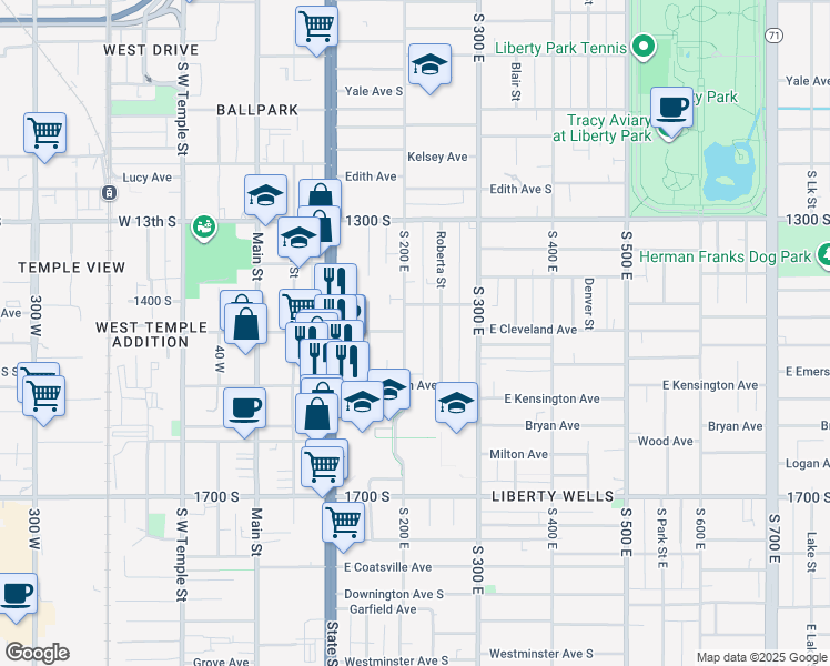 map of restaurants, bars, coffee shops, grocery stores, and more near 1431 South 200 East in South Salt Lake