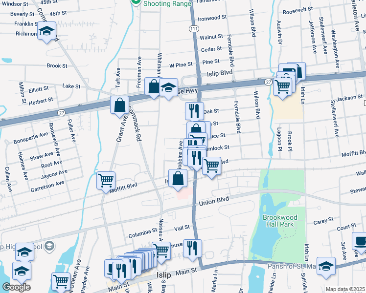 map of restaurants, bars, coffee shops, grocery stores, and more near 31 Robbins Avenue in Islip