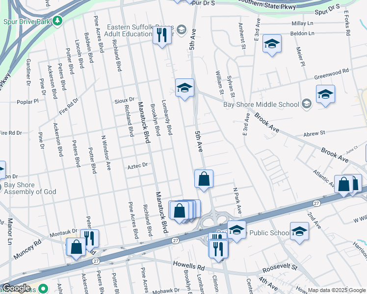 map of restaurants, bars, coffee shops, grocery stores, and more near 1384 North Clinton Avenue in Bay Shore