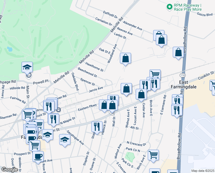 map of restaurants, bars, coffee shops, grocery stores, and more near 90 Jean Court in Farmingdale
