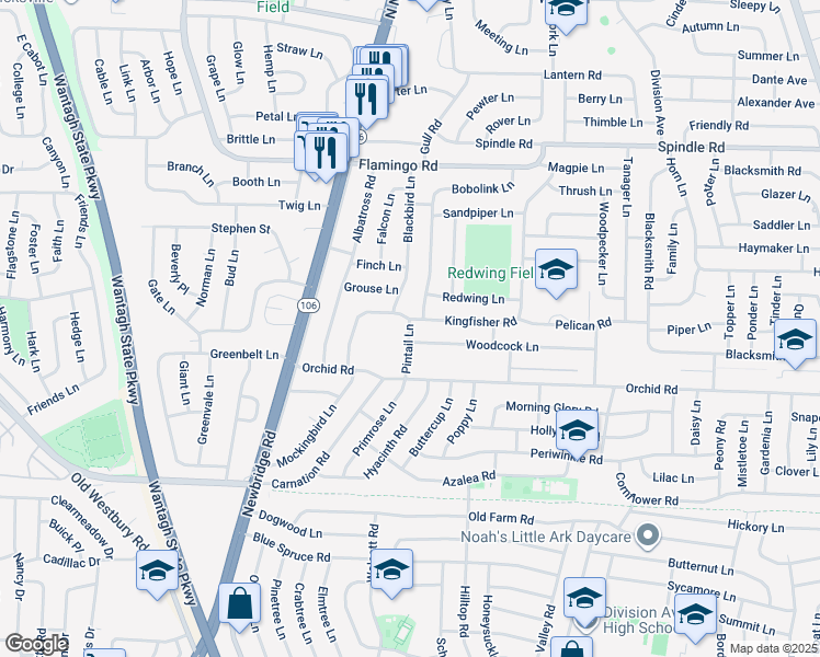 map of restaurants, bars, coffee shops, grocery stores, and more near 2 Pintail Lane in Levittown