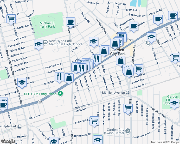 map of restaurants, bars, coffee shops, grocery stores, and more near 2178 New York 25 in Garden City Park
