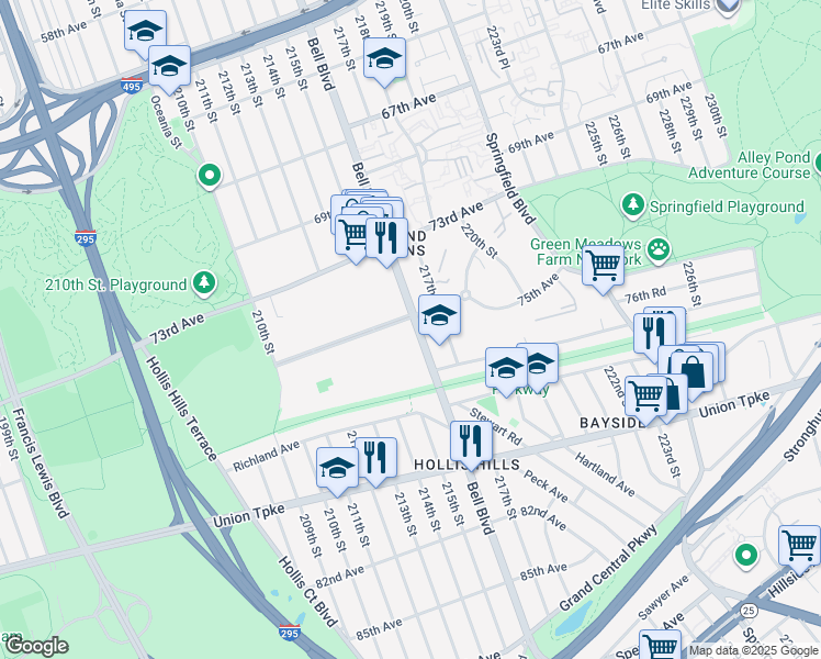 map of restaurants, bars, coffee shops, grocery stores, and more near 75-08 Bell Boulevard in Queens