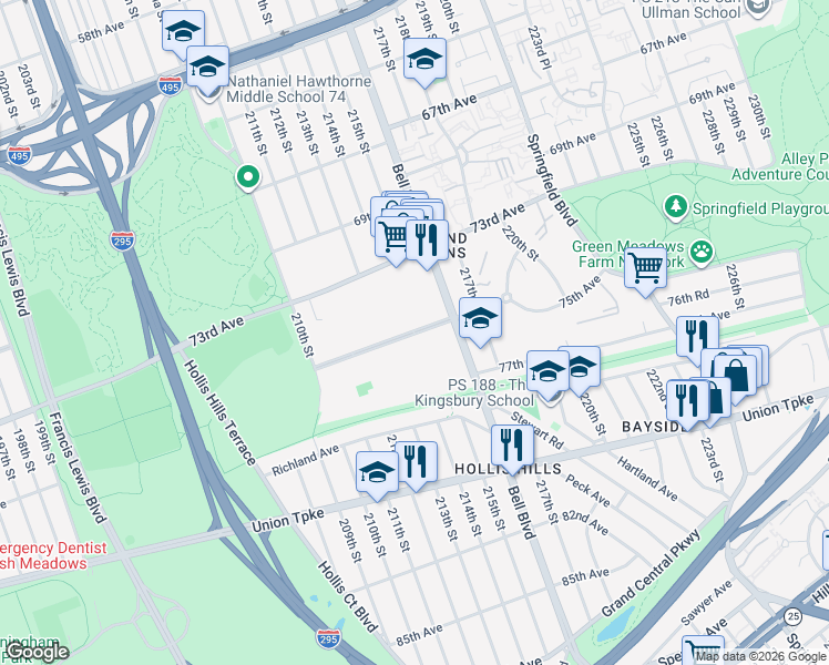 map of restaurants, bars, coffee shops, grocery stores, and more near 213-1 75th Avenue in Queens