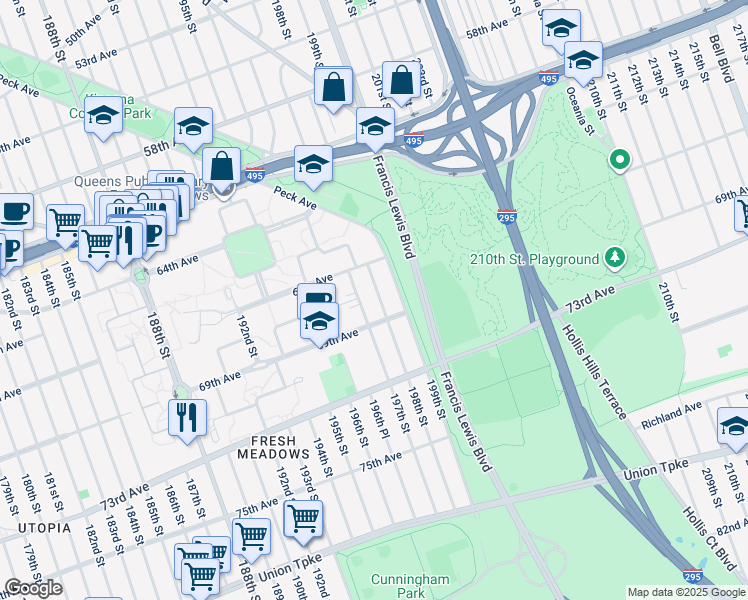 map of restaurants, bars, coffee shops, grocery stores, and more near 67-30 198th Street in Queens