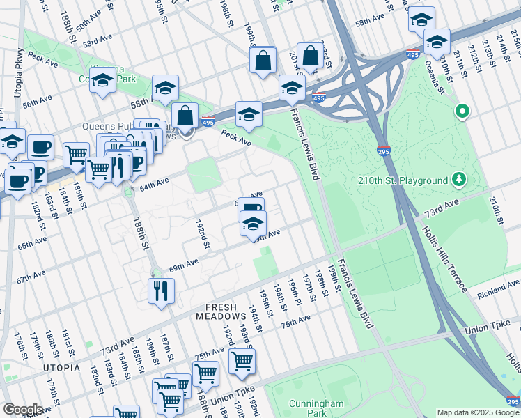 map of restaurants, bars, coffee shops, grocery stores, and more near 36 67th Avenue in Queens