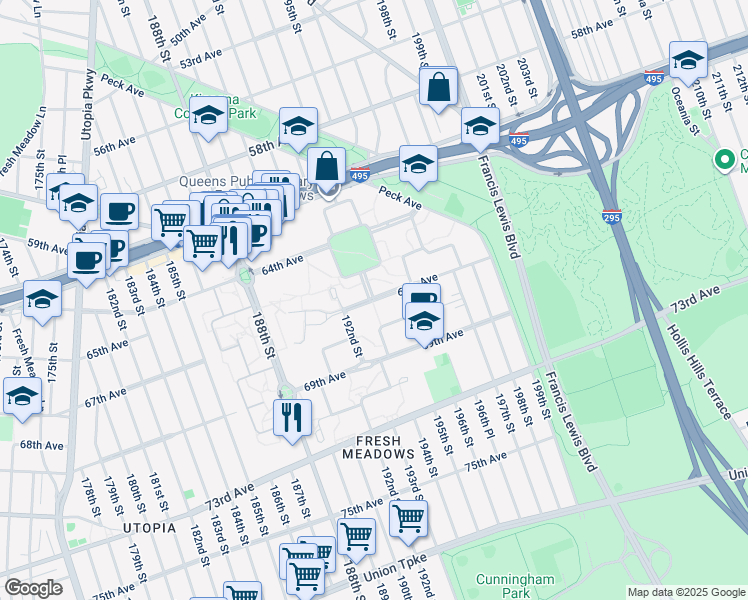 map of restaurants, bars, coffee shops, grocery stores, and more near 64-19H 194th Lane in Queens