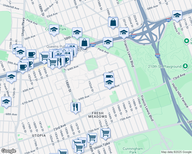 map of restaurants, bars, coffee shops, grocery stores, and more near 64-19H 194th Lane in Queens