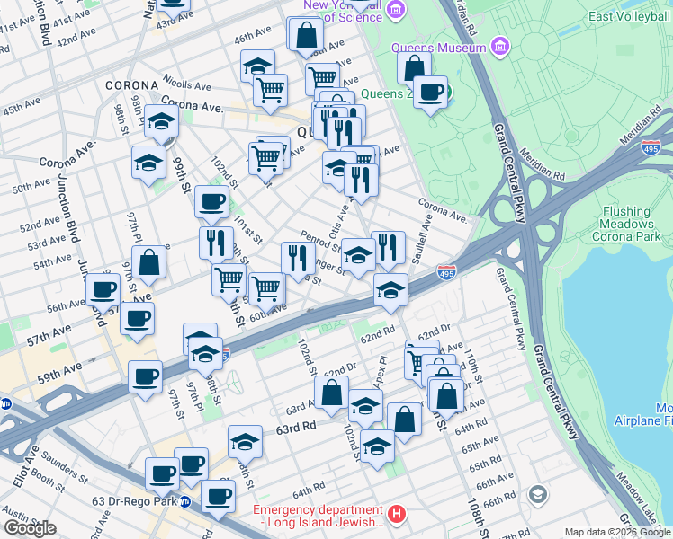 map of restaurants, bars, coffee shops, grocery stores, and more near 58-28 Penrod Street in Queens