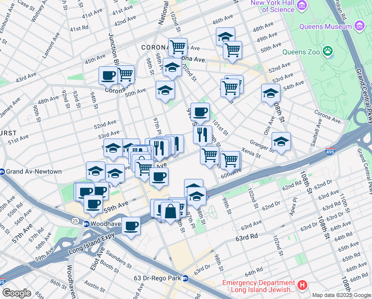 map of restaurants, bars, coffee shops, grocery stores, and more near 55-25 98th Place in Queens