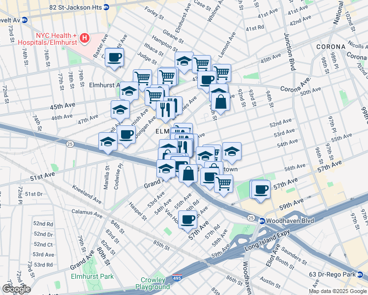 map of restaurants, bars, coffee shops, grocery stores, and more near 8615 Broadway in Queens
