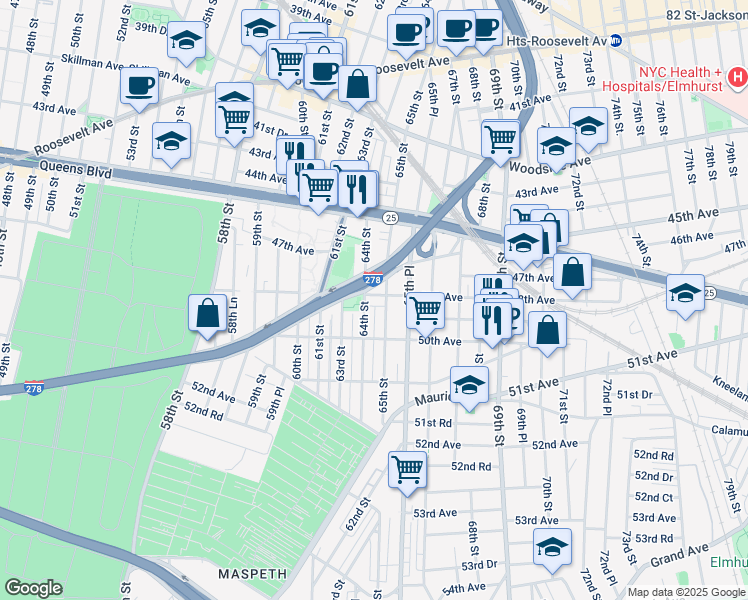 map of restaurants, bars, coffee shops, grocery stores, and more near 63rd Street in Queens