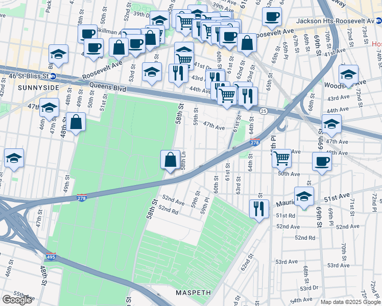 map of restaurants, bars, coffee shops, grocery stores, and more near 4802 59th Street in Queens