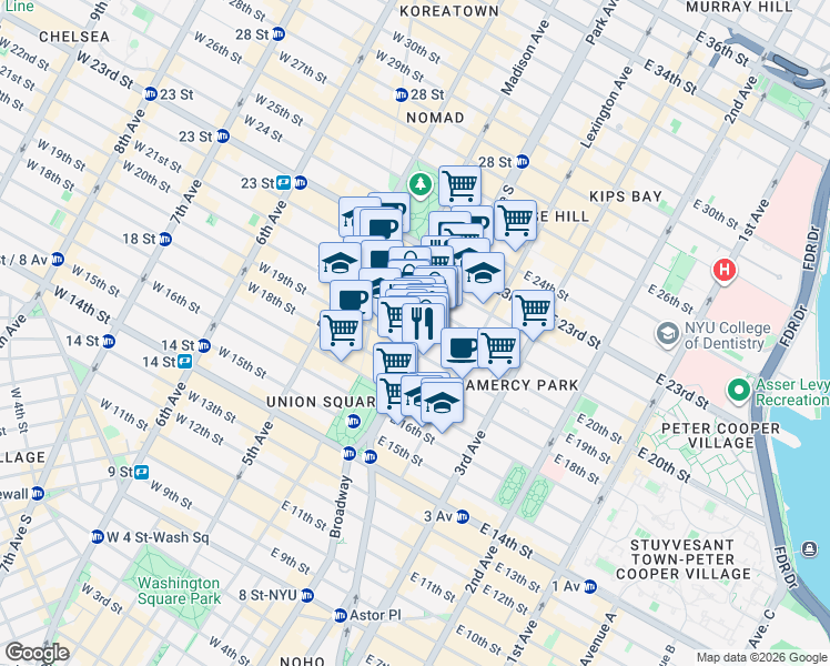 map of restaurants, bars, coffee shops, grocery stores, and more near 255 Park Avenue South in New York
