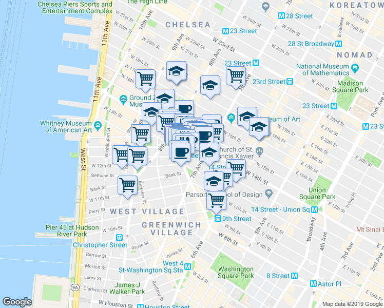 map of restaurants, bars, coffee shops, grocery stores, and more near 219 West 13th Street in New York