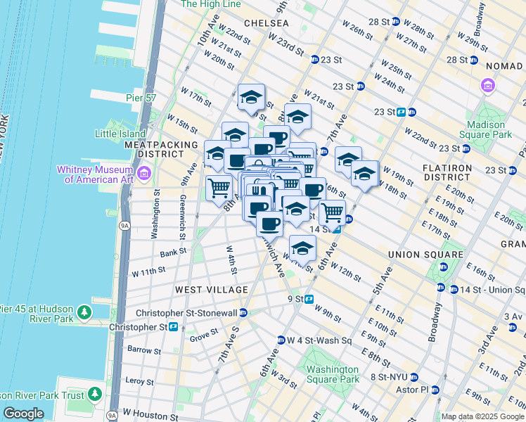map of restaurants, bars, coffee shops, grocery stores, and more near 219 West 13th Street in New York