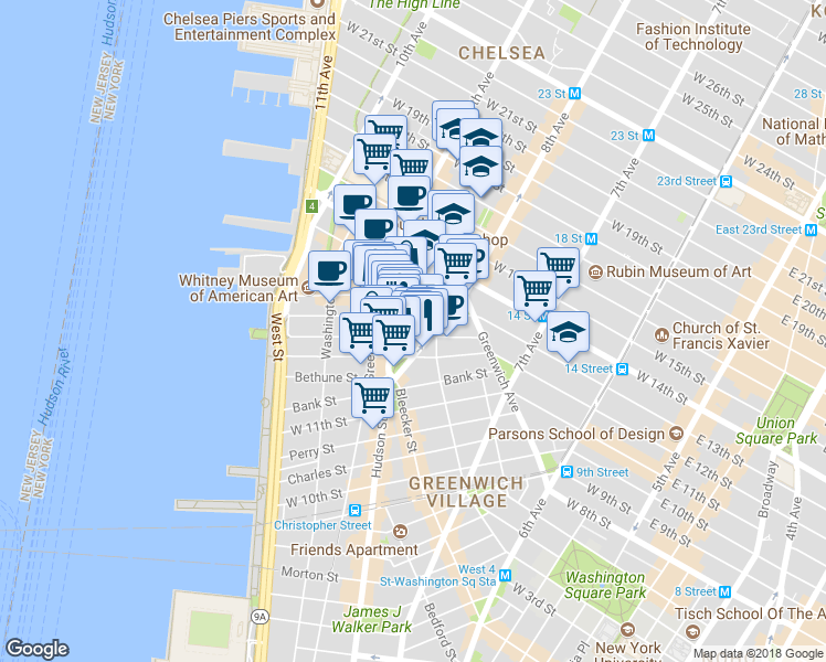 map of restaurants, bars, coffee shops, grocery stores, and more near 616 Hudson Street in New York