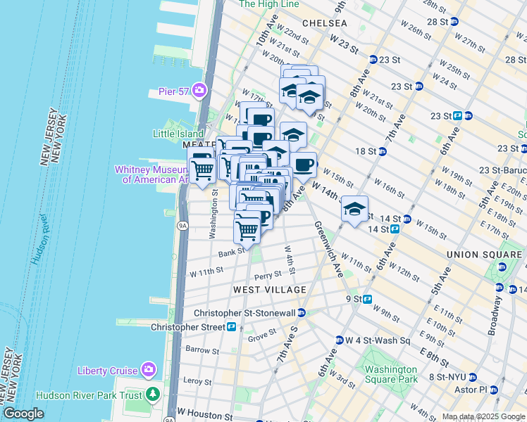 map of restaurants, bars, coffee shops, grocery stores, and more near 616 Hudson Street in New York