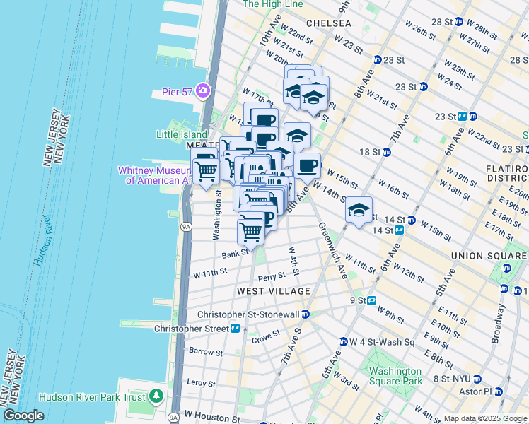 map of restaurants, bars, coffee shops, grocery stores, and more near 616 Hudson Street in New York