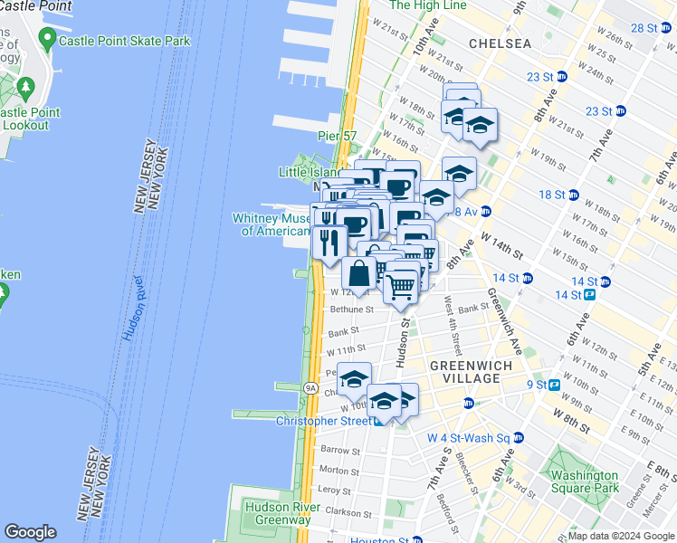 map of restaurants, bars, coffee shops, grocery stores, and more near 809 Washington Street in New York