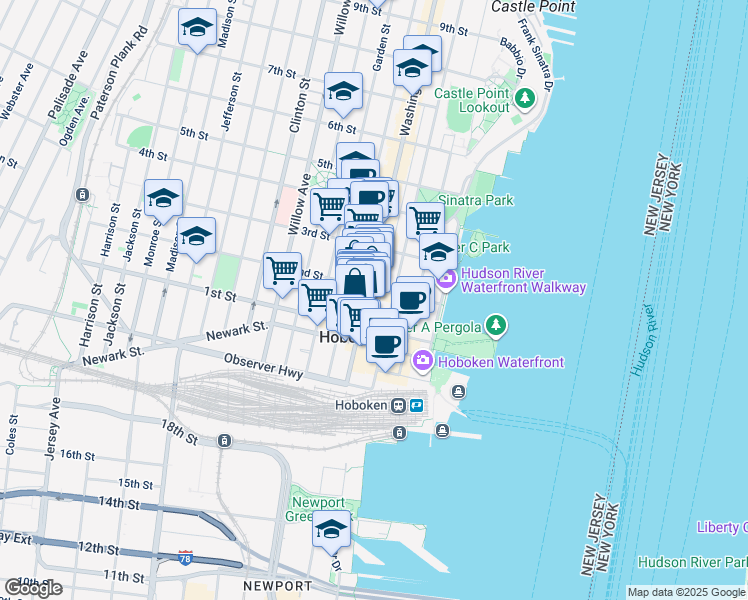 map of restaurants, bars, coffee shops, grocery stores, and more near 128 Washington Street in Hoboken