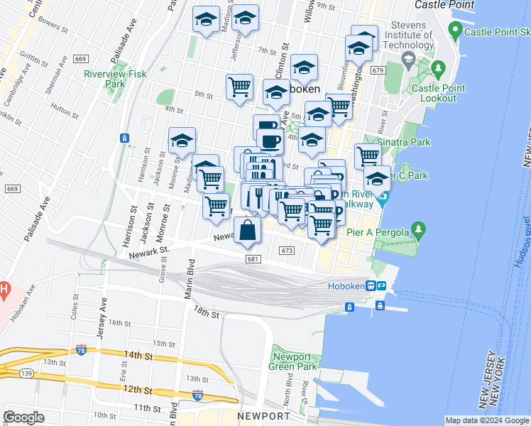 map of restaurants, bars, coffee shops, grocery stores, and more near 109 Willow Avenue in Hoboken