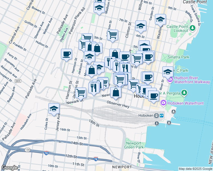 map of restaurants, bars, coffee shops, grocery stores, and more near 413a 1st Street in Hoboken