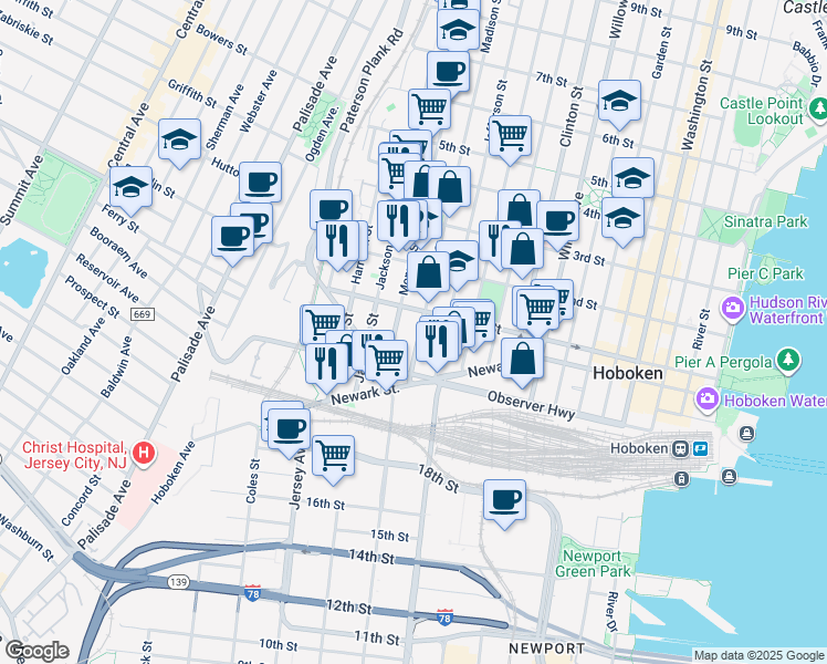 map of restaurants, bars, coffee shops, grocery stores, and more near 83 Monroe Street in Hoboken