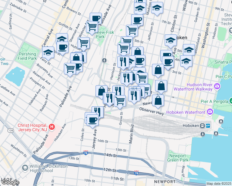 map of restaurants, bars, coffee shops, grocery stores, and more near 80 Jackson Street in Hoboken