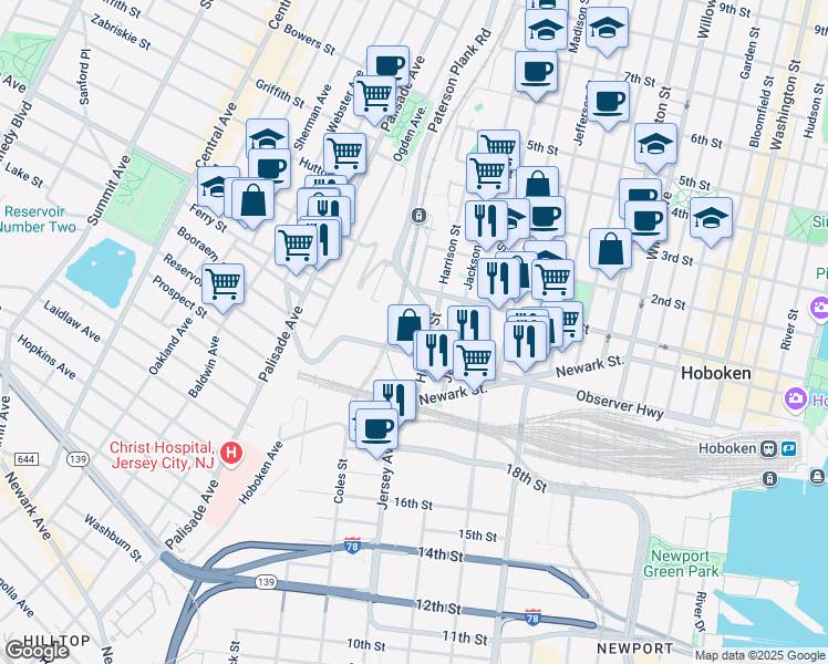 map of restaurants, bars, coffee shops, grocery stores, and more near 101 Paterson Avenue in Hoboken