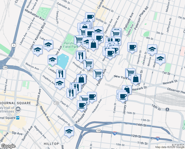 map of restaurants, bars, coffee shops, grocery stores, and more near 15 Reservoir Avenue in Jersey City
