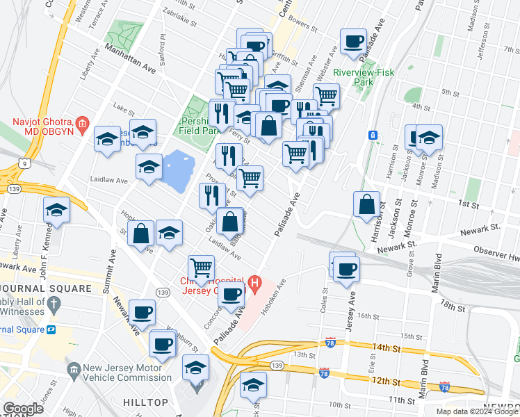 map of restaurants, bars, coffee shops, grocery stores, and more near in Jersey City