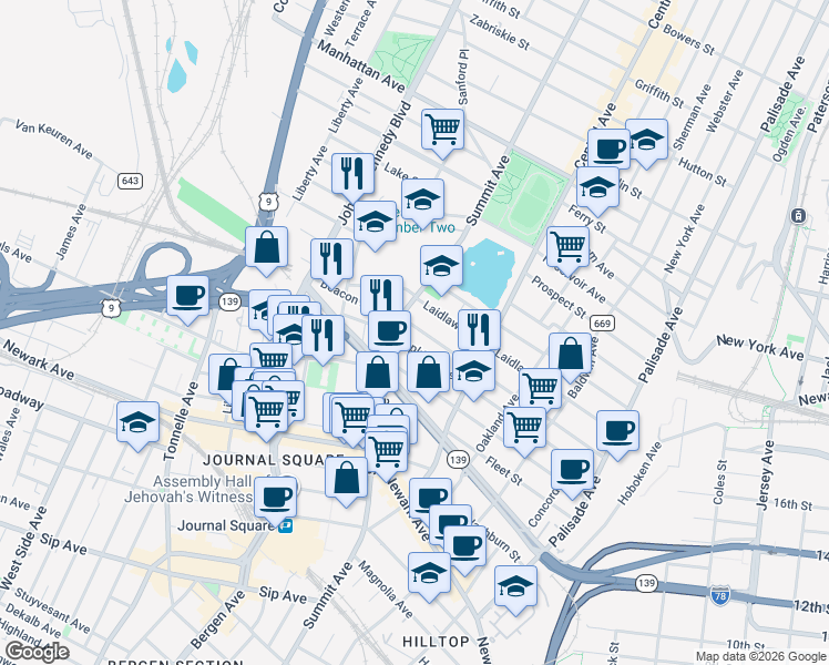 map of restaurants, bars, coffee shops, grocery stores, and more near in Jersey City