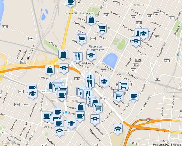 map of restaurants, bars, coffee shops, grocery stores, and more near in Jersey City